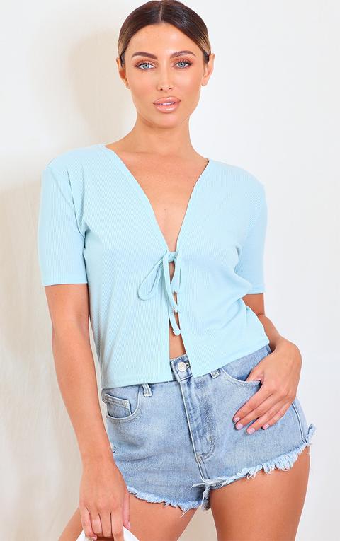 Aqua Rib Tie Front Short Sleeve Crop Top