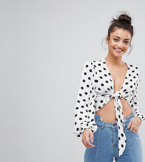 Missguided Tall - Gepunktete Bluse Mit Schleife - Weiß