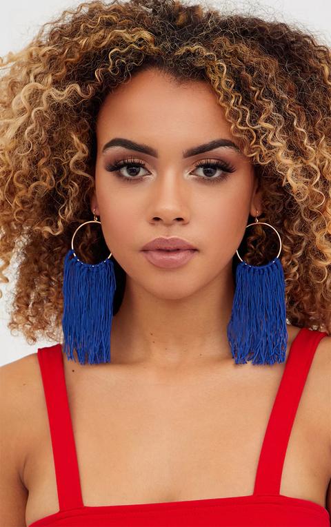 Cobalt Drop Tassel Hoop Earrings, Blue