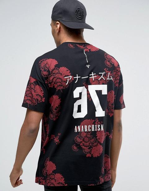 Asos - T-shirt Oversize Lunga Con Stampa Floreale E Scritta Sul Retro - Nero