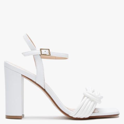 Amana White Leather Knotted Block Heel Sandals