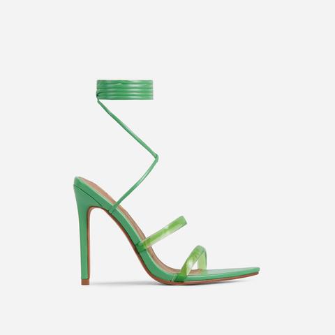 Dolled-up Perspex Strap Lace Up Pointed Toe Heel In Green Faux Leather, Green