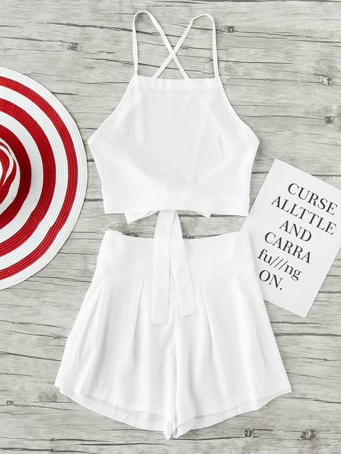 Criss Cross Bow Tie Open Back Crop Top And Shorts Set