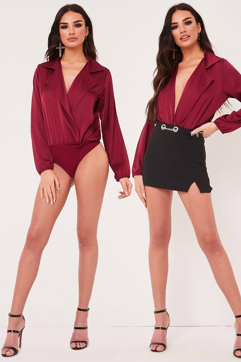 Fiona Wine Satin Wrap Front Long Sleeve Bodysuit