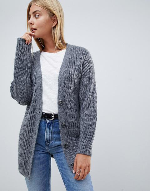 Asos Design Oversize Cardigan In Chunky Rib With Buttons-grey