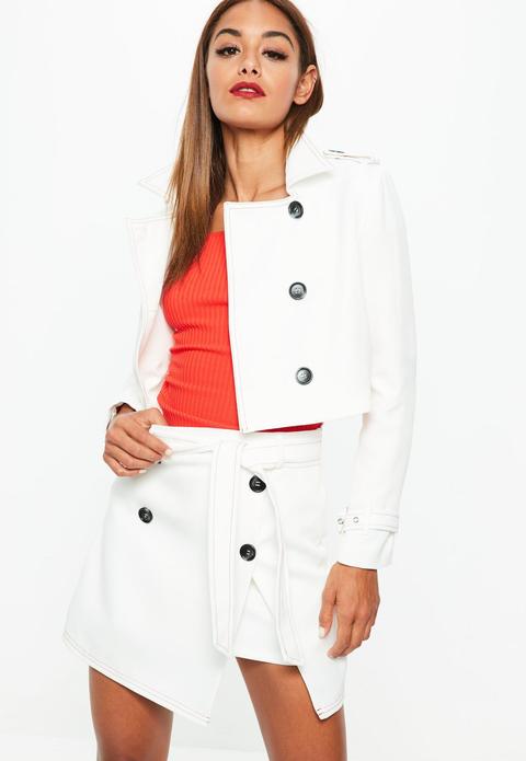 White Contrast Stitch Tie Front Button Detail Mini Skirt, White