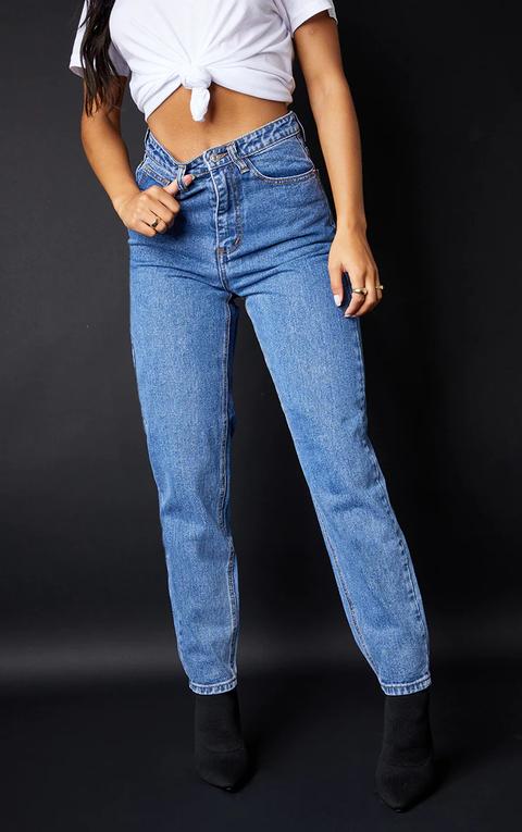 PRETTYLITTLETHING Mid Blue Ripped Mom Jeans