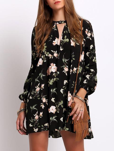 Vestido Manga Linterna Flores -negro