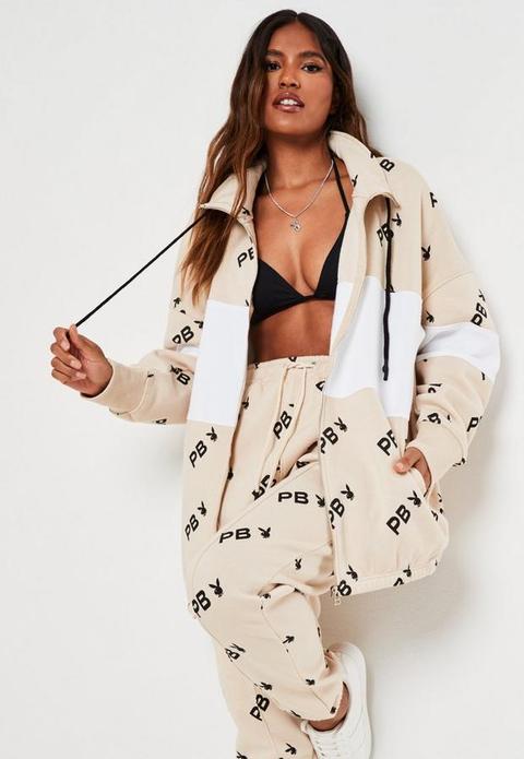 Playboy X Missguided Stone Extreme Oversized Repeat Print Colourblock Zip Through Sweatshirt, Stone