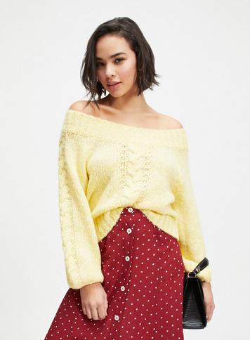 Womens Petite Pale Yellow Bardot Knitted Jumper, Pale Yellow