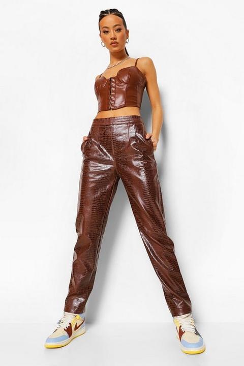 Womens Croc Leather Look Trouser - Brown - S, Brown