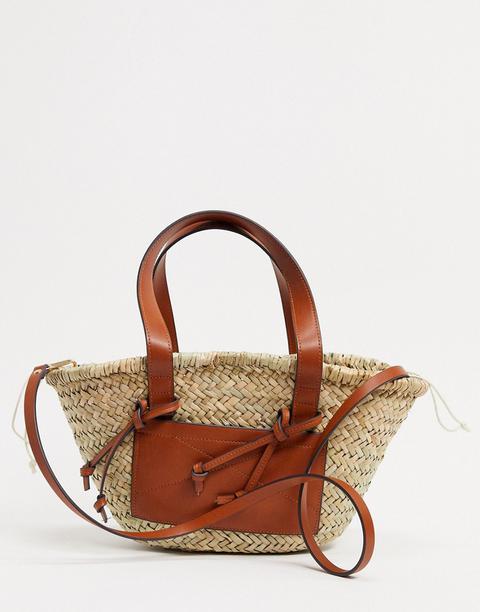 Mango Straw Bag With Front Panel In Tan