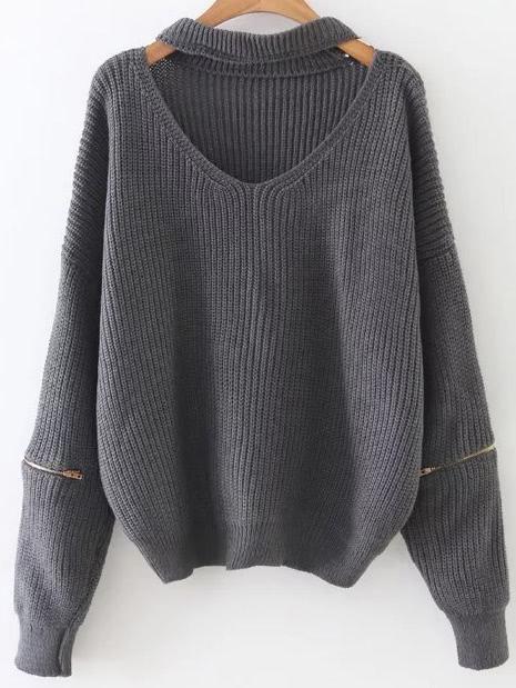 Grey Choker V Neck Zipper Sleeve Sweater