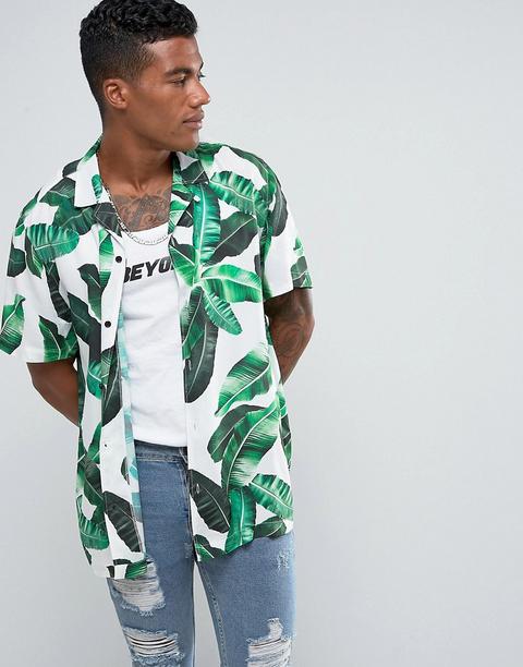 Camisa Blanca De Corte Estándar Con Estampado De Hojas Tropical De Jaded London