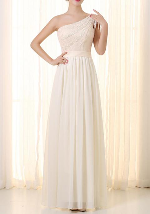 Maxi Dress Banchetto Asimmetrico In Pizzo Drappeggiato Da Damigella D'onore Elegante Bianco