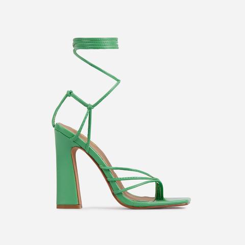 Wrap-party Strappy Lace Up Square Toe Block Heel In Green Faux Leather, Green