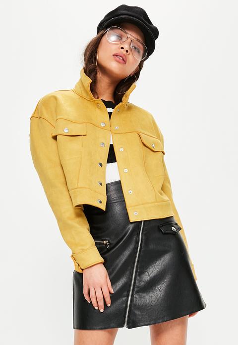 Yellow Crop Faux Suede Trucker Jacket