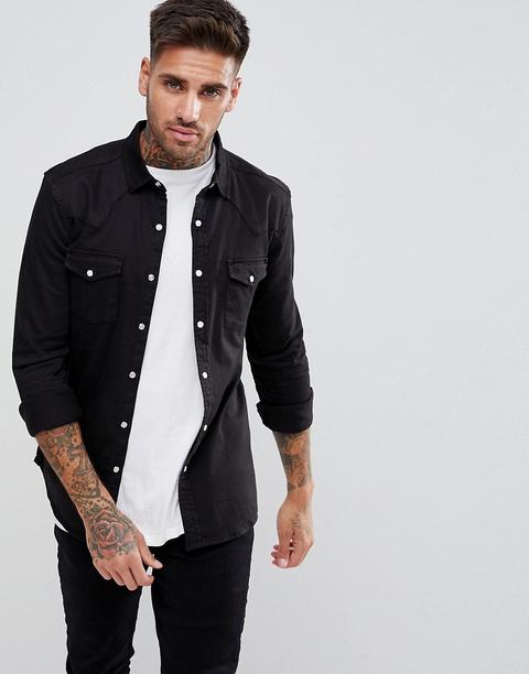 Asos Design - Camicia Di Jeans Skinny Stile Western Nera - Nero