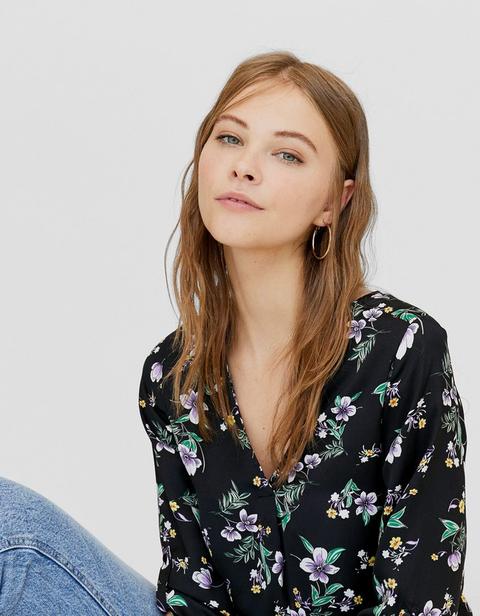 Camicia Lunga Con Scollo A V Stampata Nero
