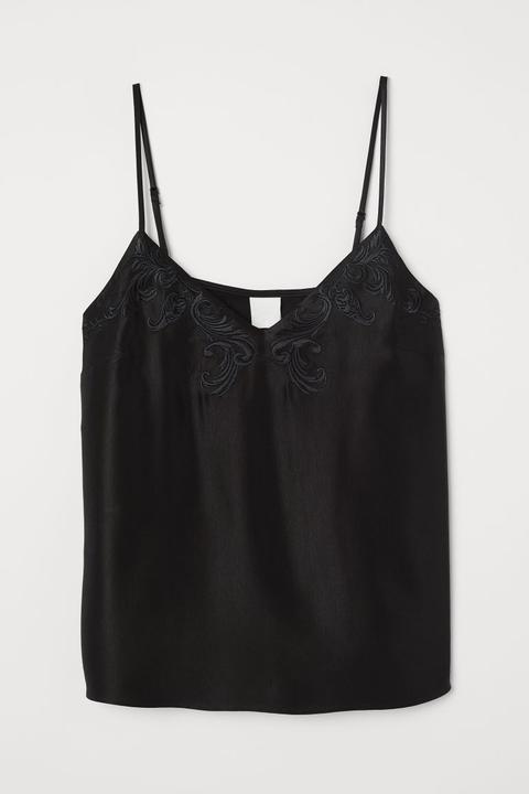 H & M - Top In Viscosa Con Ricami - Nero