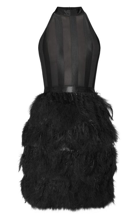 black high neck sleeveless mesh feather bodycon dress