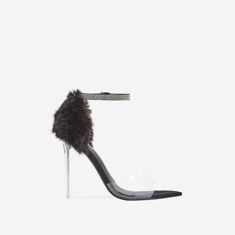 Hadley Diamante Perspex Heel In Black Faux Fur And Faux Suede, Black