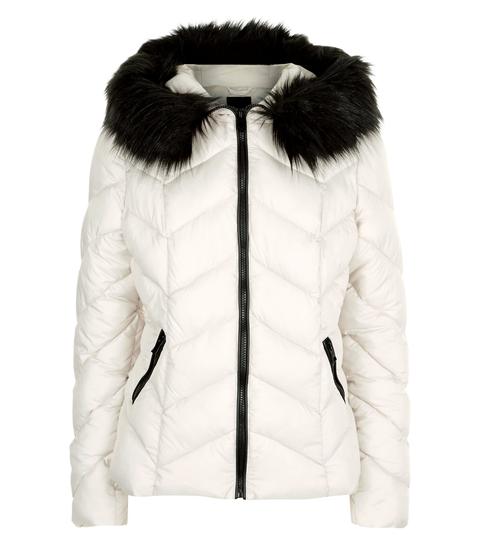 Cream Faux Fur Trim Hooded Chevron Puffer Jacket