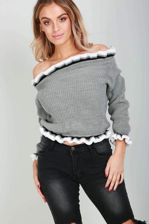 Amelie Bardot Striped Frill Sleeve Knitted Jumper