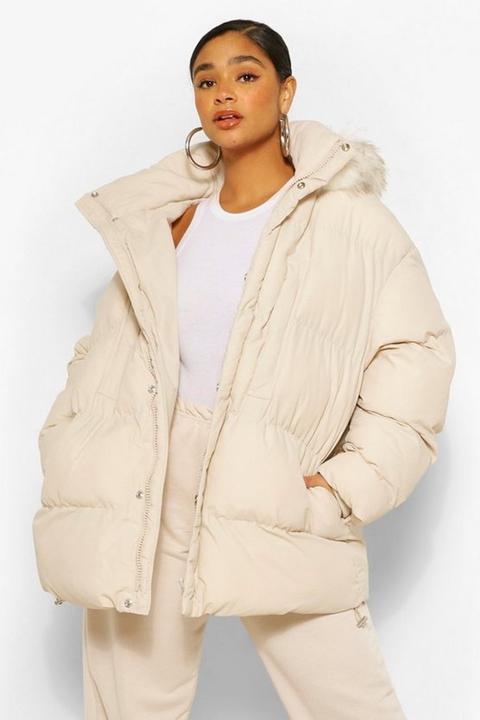 Womens Plus Padded Puffer Coat With Faux Fur Hood - Beige - 18, Beige