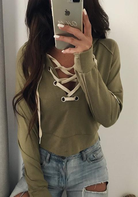 Felpa Scollo A Forma Di Cravatta Pullover Casuale Con Cappuccio Verde Dell'esercito