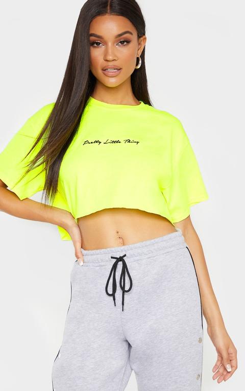 Prettylittlething Neon Lime Embroidered Crop T Shirt