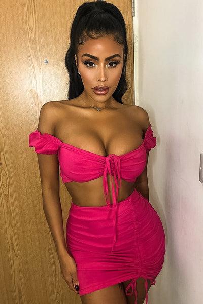 Fuchsia Ruched Bow Tie Crop Top Skirt Co-ord - Chasity