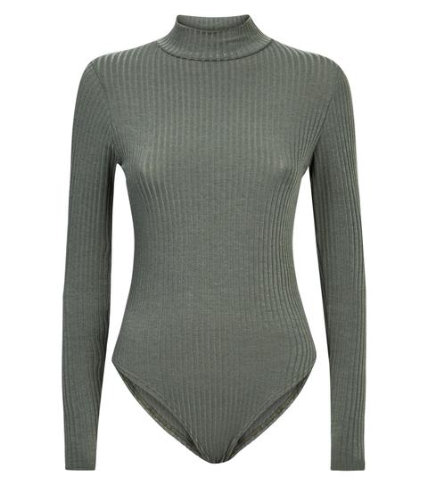 Khaki Ribbed Funnel Neck Bodysuit New Look