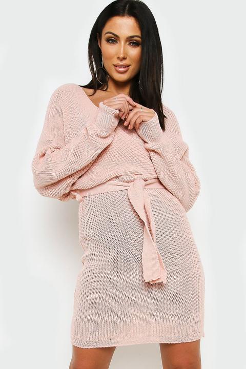 Pink Knitted Wrap Front Belted Dress