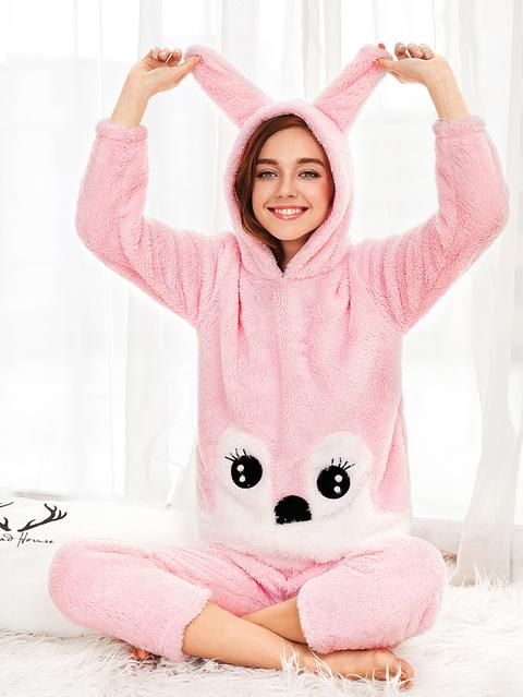 Conjunto De Pijama Estilo Conejo Con Capucha