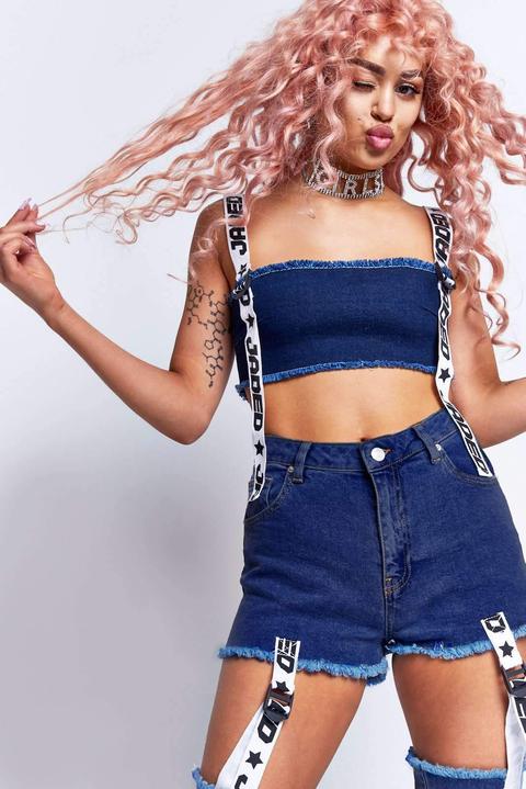 Tape & Buckle Detail Denim Crop Top