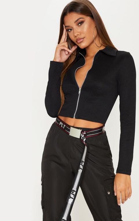 Black Rib Zip Up Top