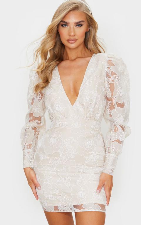 Stone Floral Lace Puff Sleeve Bodycon Dress