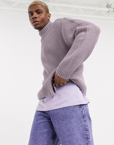 Asos Design Oversized Fisherman Rib Turtle Neck Jumper In Lilac-purple