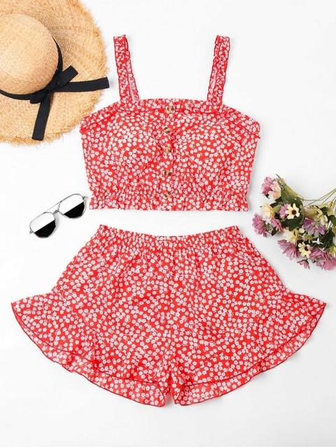 Conjunto De Tops Y Shorts Con Volantes Con Volantes Florales