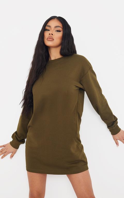 Khaki Basic Crew Neck Oversized Jumper Dress