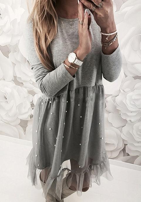 Abito A Media Lunghezza Bordino Di Granatina Girocollo Moda Grigio