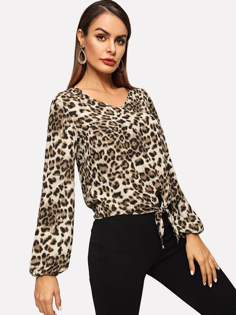 Top Con Scollo A V E Stampa Leopardo Con Nodo Frontale