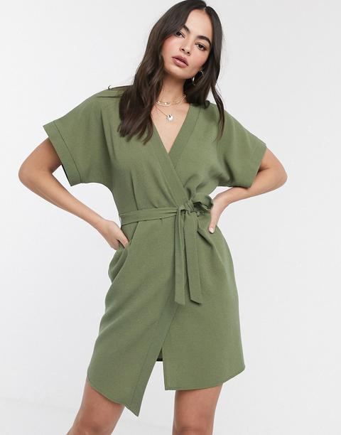 Asos Design Wrap Mini Dress In Olive-green