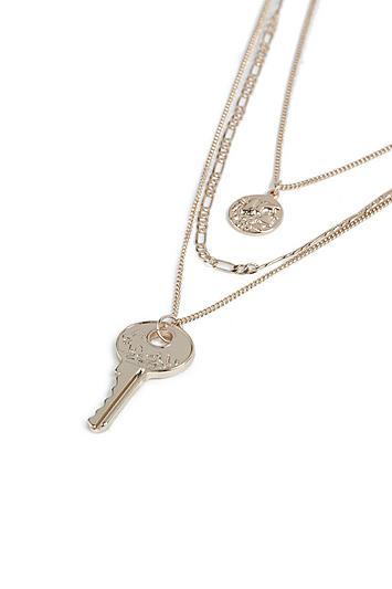 Mehrreihige Halskette Mit Münze Und Schlüssel - Gold