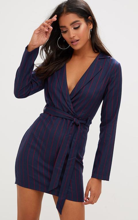 Navy Tie Waist Striped Blazer Dress, Blue