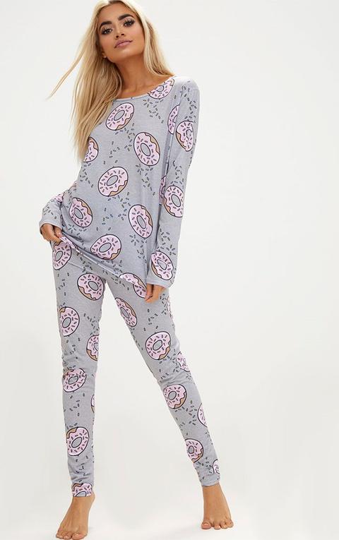 Grey Long Sleeve Doughnut Legging Pj Set