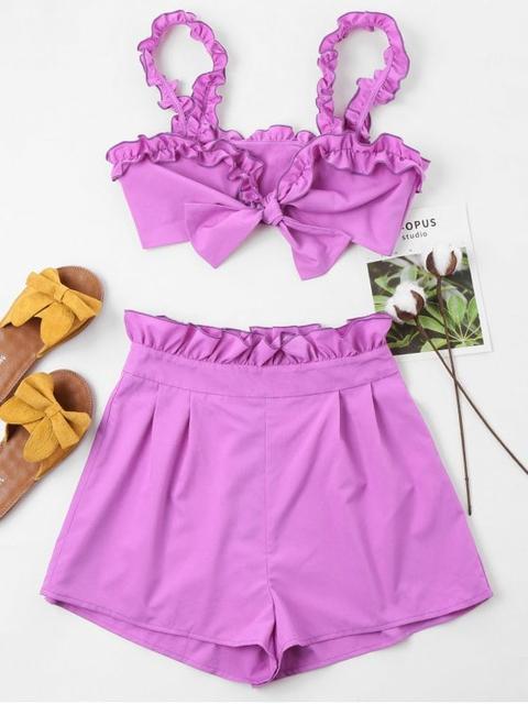 Conjunto De Pantalones Cortos Con Volantes Anudados