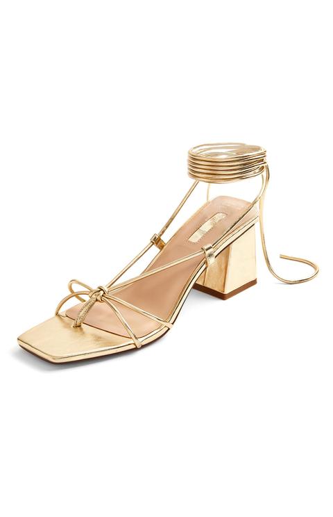 Metallic Gold Tie Up Block Heel Sandals