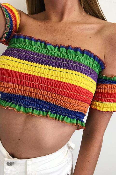 Kyla Rainbow Smocked Bardot Crop Top